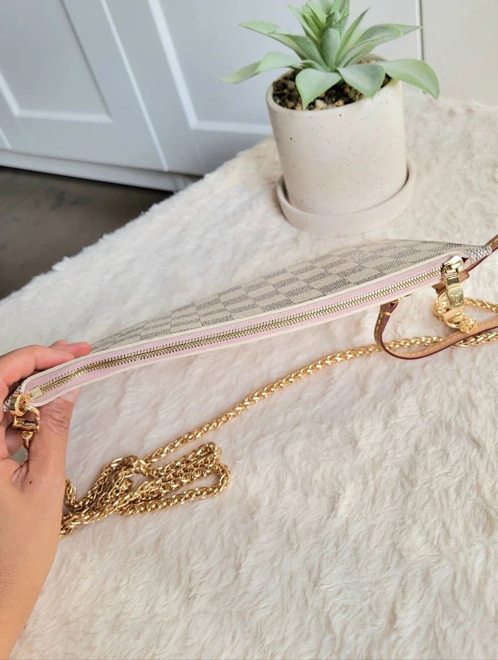 Louis Vuitton Neverfull Mm Clutch Wristlet Damier Azur Rose Ballerine